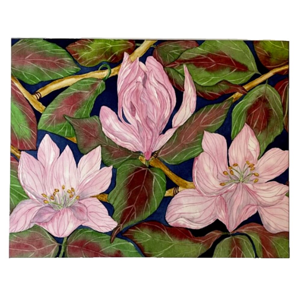 PAINTING WATERCOLOR ORIGINAL ART MAGNOLIA FLOWERS PINK GREEN RED 11X14 MAT 16X20